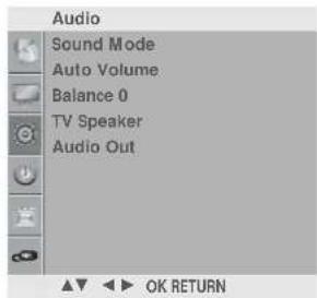 Audio Sound Mode Auto Volume Balance 0 TV Speaker Audio Out OK RETURN