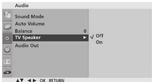Audio Sound Mode Auto Volume Balance 0 TV Speaker ✓ Off Audio Out On OK RETURN