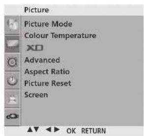 Picture Picture Mode Colour Temperature XO Advanced Aspect Ratio Picture Reset Screen OK RETURN