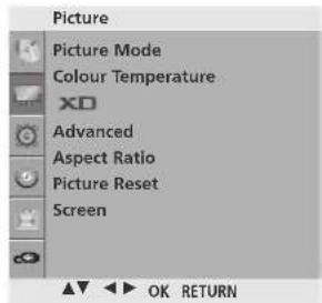 Picture Picture Mode Colour Temperature XO Advanced Aspect Ratio Picture Reset Screen OK RETURN