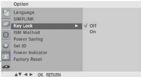 Option Language SIM PLINK Key Lock ISM Method Power Saving Set ID Power Indicator Factory Reset ✓ Off On ▲▼ OK RETURN