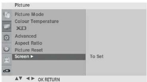 Picture Picture Mode Colour Temperature XD Advanced Aspect Ratio Picture Reset Screen ▶ To Set OK RETURN