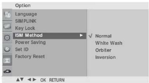 Option Language SIMPLINK Key Lock ISM Method Power Saving Set ID Factory Reset Normal White Wash Orbiter Inversion OK RETURN