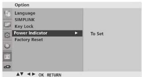 Option Language SIMPLINK Key Lock Power Indicator Factory Reset To Set OK RETURN