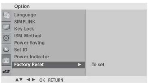 Option Language SIMPLINK Key Lock ISM Method Power Saving Set ID Power Indicator Factory Reset To set OK RETURN