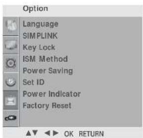 Option Language SIMPLINK Key Lock ISM Method Power Saving Set ID Power Indicator Factory Reset