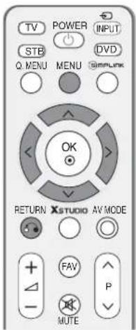 TV POWER INPUT STB Q. MENU MENU DVD @implunk OK RETURN XSTUDIO AV MODE FAV P MUTE