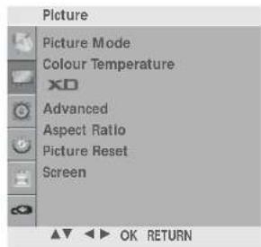 Picture Picture Mode Colour Temperature XO Advanced Aspect Ratio Picture Reset Screen OK RETURN