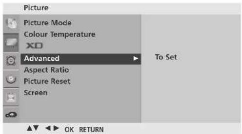 Picture Picture Mode Colour Temperature XD Advanced To Set Aspect Ratio Picture Reset Screen OK RETURN