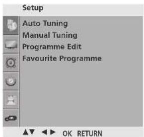 Setup Auto Tuning Manual Tuning Programme Edit Favourite Programme OK RETURN