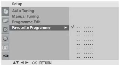 Setup Auto Tuning Manual Tuning Programme Edit Favourite Programme OK RETURN
