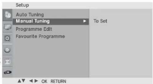 Setup Auto Tuning Manual Tuning Programme Edit Favourite Programme To Set OK RETURN