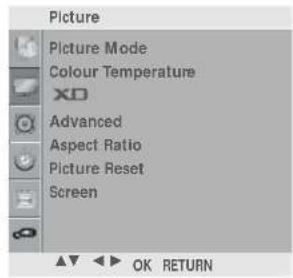 Picture Picture Mode Colour Temperature XO Advanced Aspect Ratio Picture Reset Screen OK RETURN