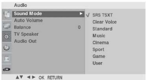 Audio Sound Mode Auto Volume Balance 0 TV Speaker Audio Out SRS TSXT Clear Voice Standard Music Cinema Sport Game User OK RETURN