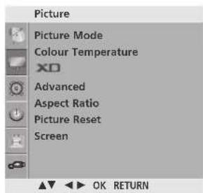 Picture Picture Mode Colour Temperature XO Advanced Aspect Ratio Picture Reset Screen OK RETURN