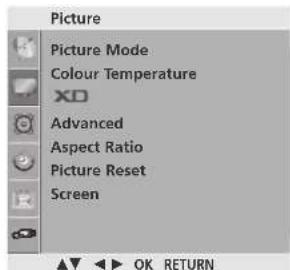 Picture Picture Mode Colour Temperature XD Advanced Aspect Ratio Picture Reset Screen OK RETURN