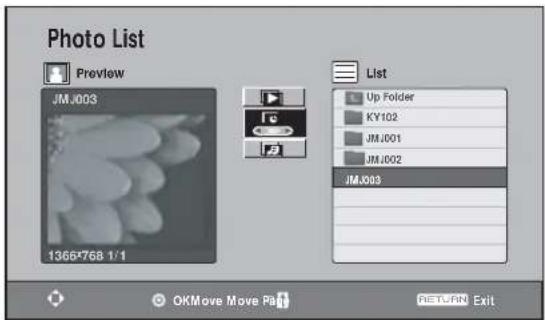 Photo List Preview JM.J003 1366*768 1/1 List Up Folder KY102 JM.J001 JM.J002 JM.J003 OKMove Move Page RETURN Exit