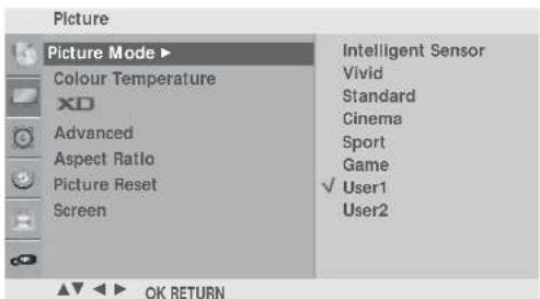 Picture Picture Mode ▶ Colour Temperature XD Advanced Aspect Ratio Picture Reset Screen Intelligent Sensor Vivid Standard Cinema Sport Game ✓ User1 User2 OK RETURN