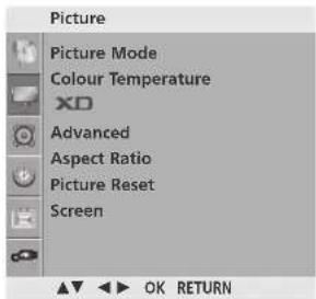Picture Picture Mode Colour Temperature XO Advanced Aspect Ratio Picture Reset Screen OK RETURN