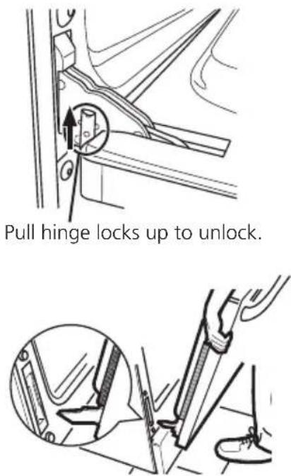 Pull hinge locks up to unlock.