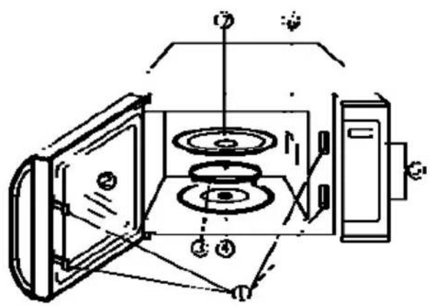 Technical diagram of a microwave oven with labeled components and wiring connections