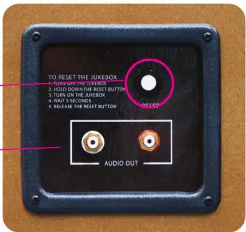 TO RESET THE JUKEBOX 1. TURN OFF THE JUKEBOX 2. HOLD DOWN THE RESET BUTTON 3. TURN ON THE JUKEBOX 4. WAIT 5 SECONDS 5. RELEASE THE RESET BUTTON AUDIO OUT