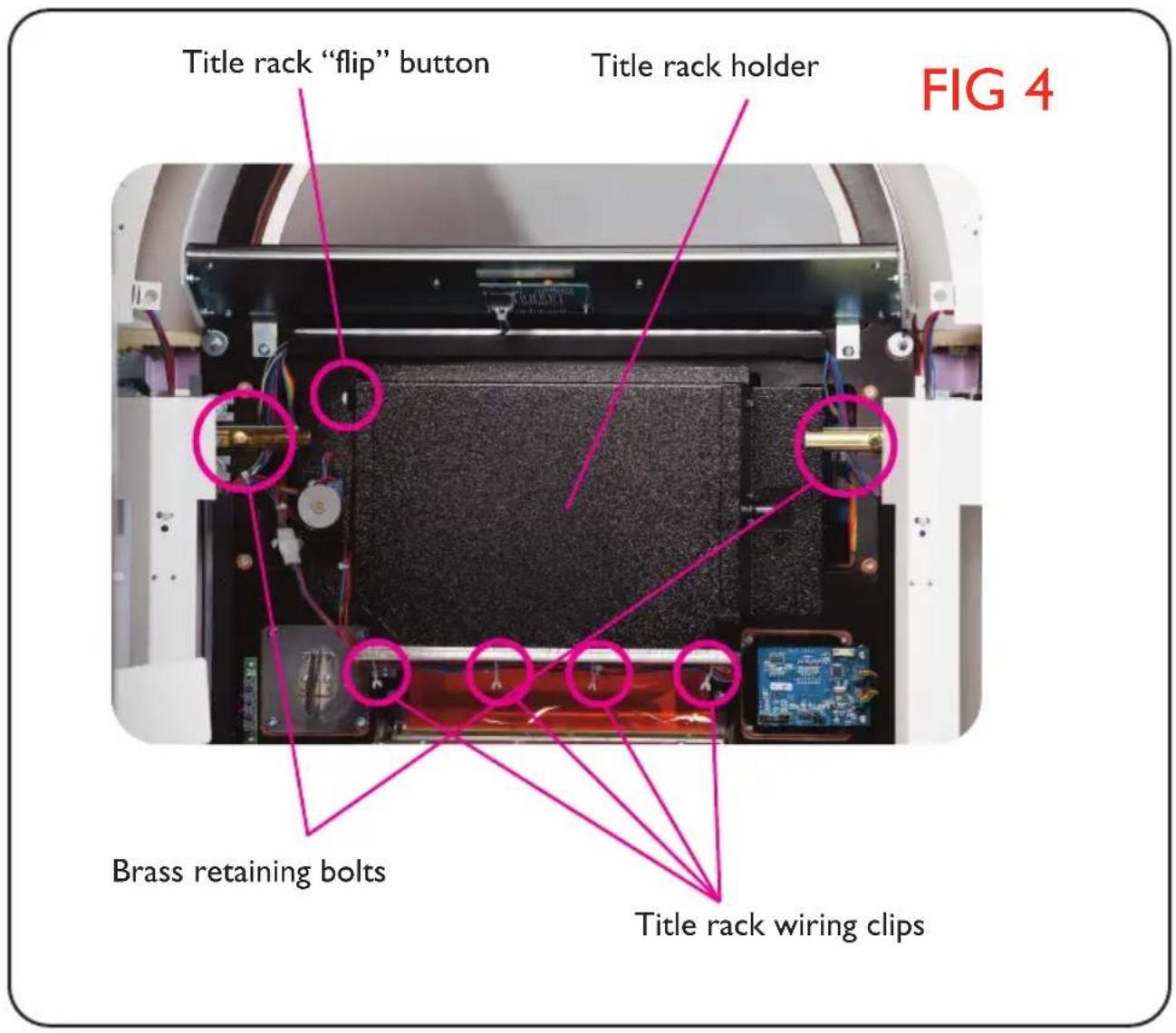Title rack "flip" button Title rack holder BRASS RETAINING bolts Title rack wiring clips FIG 4