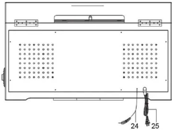 Technical diagram of a device rear panel with labeled connectors and dimensions