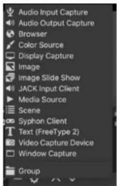 Audio Input Capture Audio Output Capture Browser Color Source Display Capture Image Image Slide Show JACK Input Client Media Source Scene Syphon Client Text (FreeType 2) Video Capture Device Window Capture Group