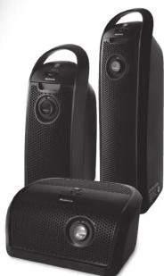 Three black electronic devices with speaker stands, no visible text or symbols
