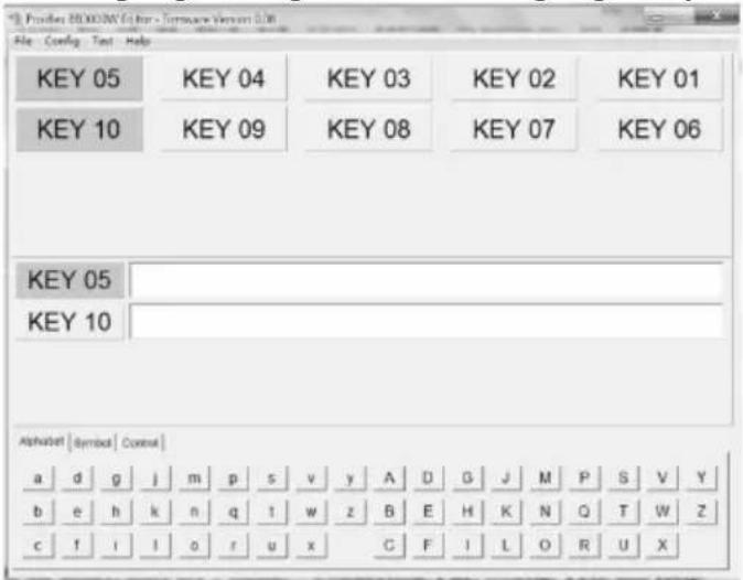 Provider: 80.000N (File for Software Version 0.0) File Config Test Help KEY 05 KEY 04 KEY 03 KEY 02 KEY 01 KEY 10 KEY 09 KEY 08 KEY 07 KEY 06 KEY 05 KEY 10 Alphabet | Symbol | Control a d g j m p s v y A D G J M P S V Y b e h k n q t w z B E H K N Q T W Z c f i l o r u x C F I L O R U X