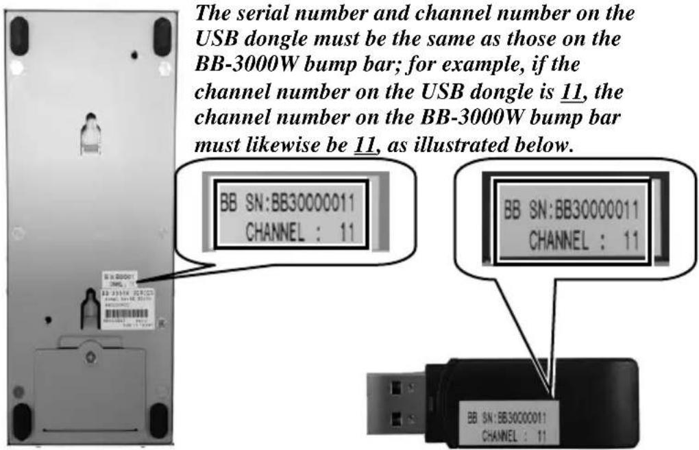 The serial number and channel number on the USB dongle must be the same as those on the BB-3000W bump bar; for example, if the channel number on the USB dongle is 11, the channel number on the BB-3000W bump bar must likewise be 11, as illustrated below. BB SN:BB30000011 CHANNEL : 11 BB SN:BB30000011 CHANNEL : 11 BB SN:BB30000011 CHANNEL : 11