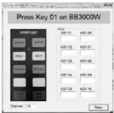 Press Key 01 on BB3000W POSTLCK KEY 01 KEY 06 KEY 02 KEY 07 KEY 03 KEY 08 KEY 04 KEY 09 KEY 05 KEY 10 Channel: 16 Retry