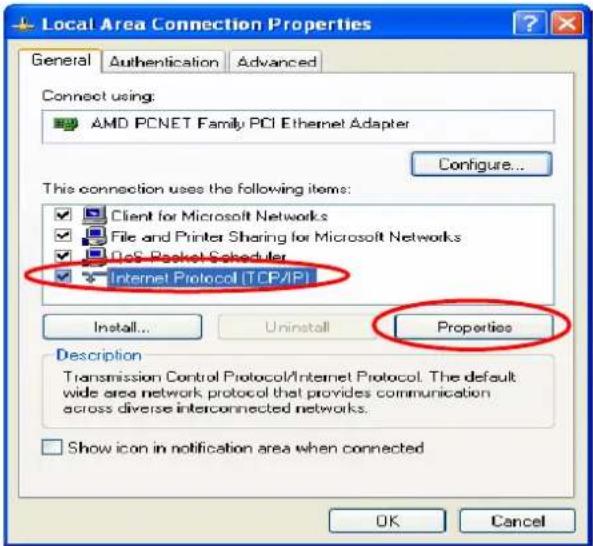 Local Area Connection Properties General Authentication Advanced Connect using: AMD PCNET Family PCI Ethernet Adapter Configure... This connection uses the following items: ✓ Client for Microsoft Networks ✓ File and Printer Sharing for Microsoft Networks ✓ DoS Packet Scheduler ✓ Internet Protocol (TCP/IP) Install... Uninstall Properties Description Transmission Control Protocol/Internet Protocol. The default wide area network protocol that provides communication across diverse interconnected networks. Show icon in notification area when connected OK Cancel