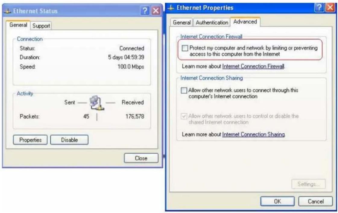 Ethernet Status General Support Connection Status: Connected Duration: 5 days 04:59:39 Speed: 100.0 Mbps Activity: Sent — Received Packets: 45 | 176,578 Properties Disable Close Ethernet Properties General Authentication Advanced Internet Connection Firewall Protect my computer and network by limiting or preventing access to this computer from the Internet Learn more about Internet Connection Firewall. Internet Connection Sharing Allow other network users to connect through this computer's Internet connection Allow other network users to control or disable the shared Internet connection Learn more about Internet Connection Sharing. Settings... OK Cancel