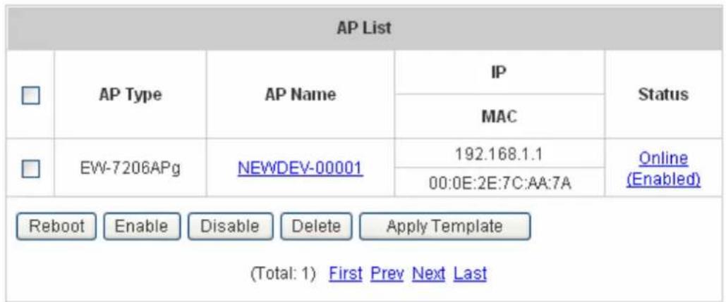 AP List □ AP Type AP Name IP Status MAC □ EW-7206APg NEWDEV-00001 192.168.1.1 Online 00:0E:2E:7C:AA:7A (Enabled) Reboot Enable Disable Delete Apply Template (Total: 1) First Prev Next Last