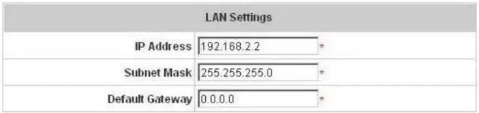 LAN Settings IP Address 192.168.2.2 * Subnet Mask 255.255.255.0 * Default Gateway 0.0.0.0 *