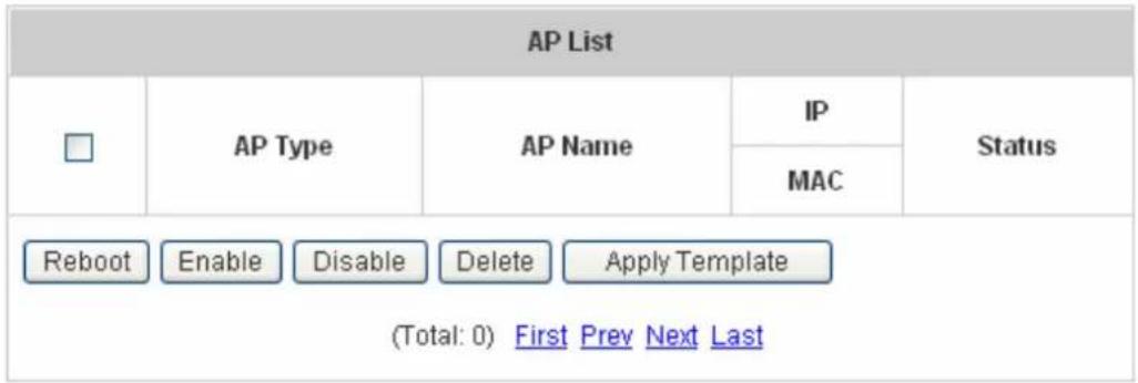 AP List □ AP Type AP Name IP Status MAC Reboot Enable Disable Delete Apply Template (Total: 0) First Prev Next Last