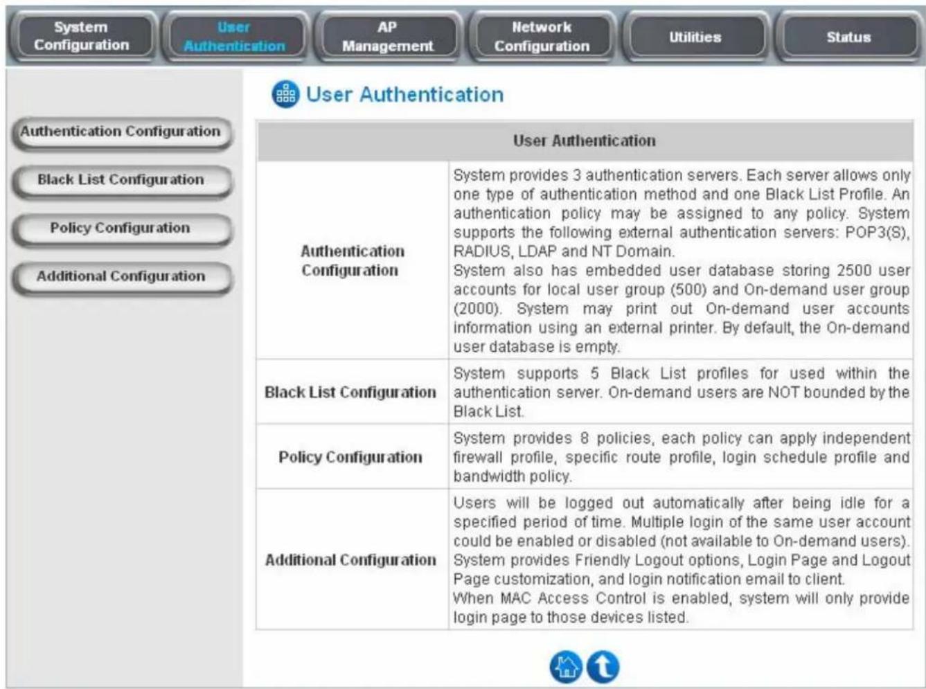 System Configuration User Authentication AP Management Network Configuration Utilities Status User Authentication Authentication Configuration Black List Configuration Policy Configuration Additional Configuration User Authentication Authentication Configuration System provides 3 authentication servers. Each server allows only one type of authentication method and one Black List Profile. An authentication policy may be assigned to any policy. System supports the following external authentication servers: POP3(S), RADIUS, LDAP and NT Domain. System also has embedded user database storing 2500 user accounts for local user group (500) and On-demand user group (2000). System may print out On-demand user accounts information using an external printer. By default, the On-demand user database is empty. Black List Configuration System supports 5 Black List profiles for used within the authentication server. On-demand users are NOT bounded by the Black List. Policy Configuration System provides 8 policies, each policy can apply independent firewall profile, specific route profile, login schedule profile and bandwidth policy. Additional Configuration Users will be logged out automatically after being idle for a specified period of time. Multiple login of the same user account could be enabled or disabled (not available to On-demand users). System provides Friendly Logout options, Login Page and Logout Page customization, and login notification email to client. When MAC Access Control is enabled, system will only provide login page to those devices listed.