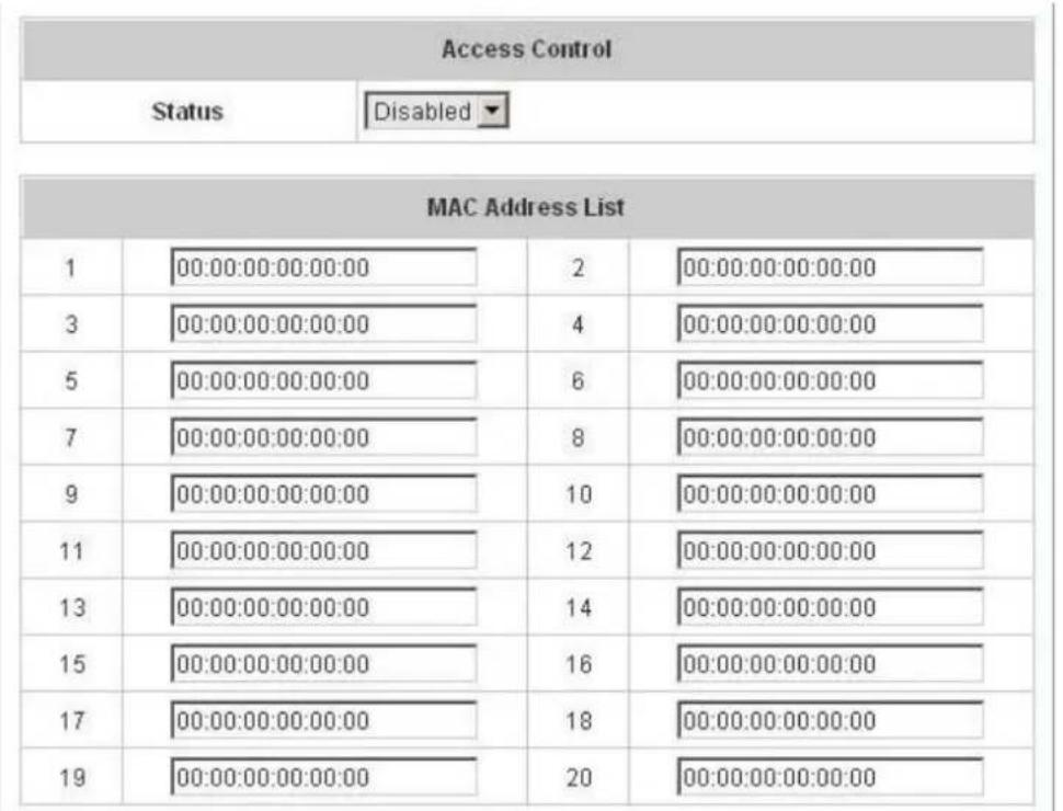 Access Control Status Disabled MAC Address List 1 00:00:00:00:00:00 2 00:00:00:00:00:00 3 00:00:00:00:00:00 4 00:00:00:00:00:00 5 00:00:00:00:00:00 6 00:00:00:00:00:00 7 00:00:00:00:00:00 8 00:00:00:00:00:00 9 00:00:00:00:00:00 10 00:00:00:00:00:00 11 00:00:00:00:00:00 12 00:00:00:00:00:00 13 00:00:00:00:00:00 14 00:00:00:00:00:00 15 00:00:00:00:00:00 16 00:00:00:00:00:00 17 00:00:00:00:00:00 18 00:00:00:00:00:00 19 00:00:00:00:00:00 20 00:00:00:00:00:0