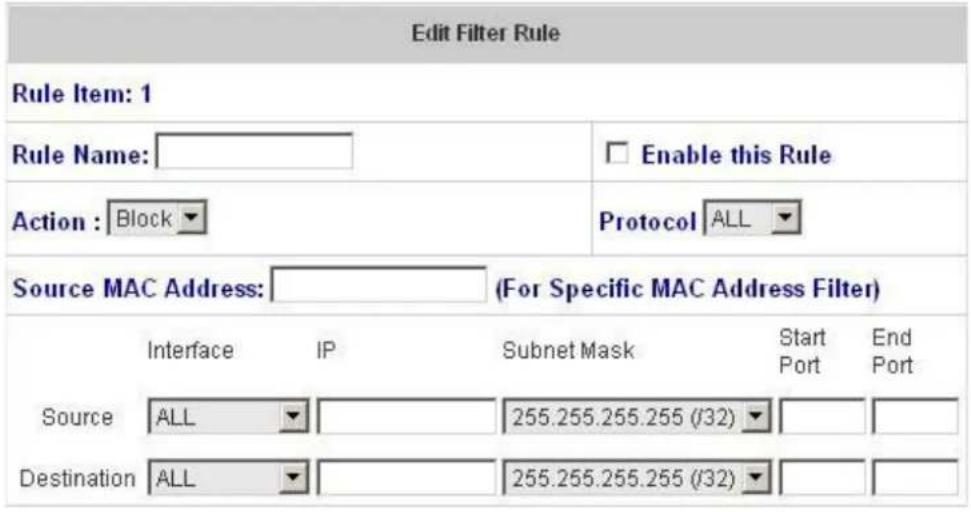 Edit Filter Rule Rule Item: 1 Rule Name: Enable this Rule Action : Block Protocol ALL Source MAC Address: (For Specific MAC Address Filter) Interface IP Subnet Mask Start End Port Port Source ALL 255.255.255.255 (J32) Destination ALL 255.255.255.255 (J32)