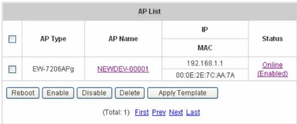 AP List □ AP Type AP Name IP Status MAC □ EW-7206APg NEWDEV-00001 192.168.1.1 Online 00:0E:2E:7C:AA:7A (Enabled) Reboot Enable Disable Delete Apply Template (Total: 1) First Prev Next Last