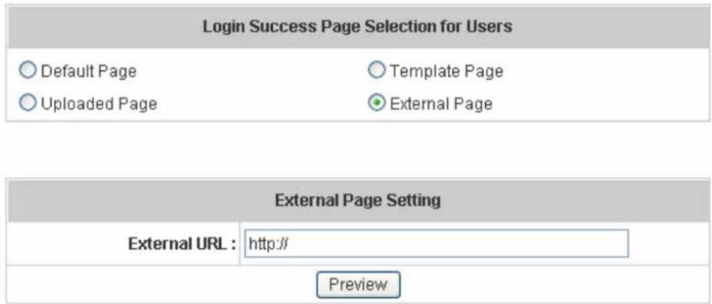 Login Success Page Selection for Users Default Page Template Page Uploaded Page External Page External Page Setting External URL : http:// Preview