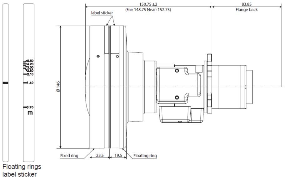 Floating rings label sticker 150.75 ±2 (Far: 148.75 Near: 152.75) 83.85 Flange back label sticker Ø 146 Fixed ring 23.5 19.5 Floating ring 6.50 4.20 3.50 2.80 2.10 1.40 -0.70 m