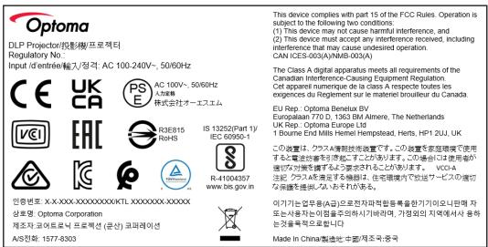 OPTOMA ZK810T - Emplacement de l'étiquette - 1
