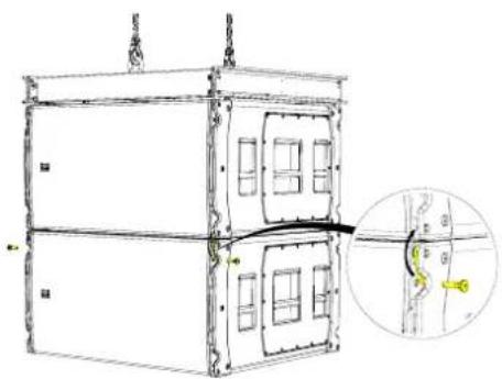 Technical diagram of a multi-story building with structural details and an inset cross-section showing internal components and safety markings.