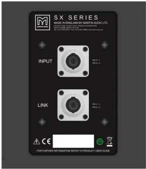 SX SERIES MADE IN ENGLAND BY MARTIN AUDIO LTD INPUT LINK PR: 1, 2 PR: 1, 3 PR: 2, 3 FOR FURTHER INFORMATION REFER TO PRODUCT USER GUIDE
