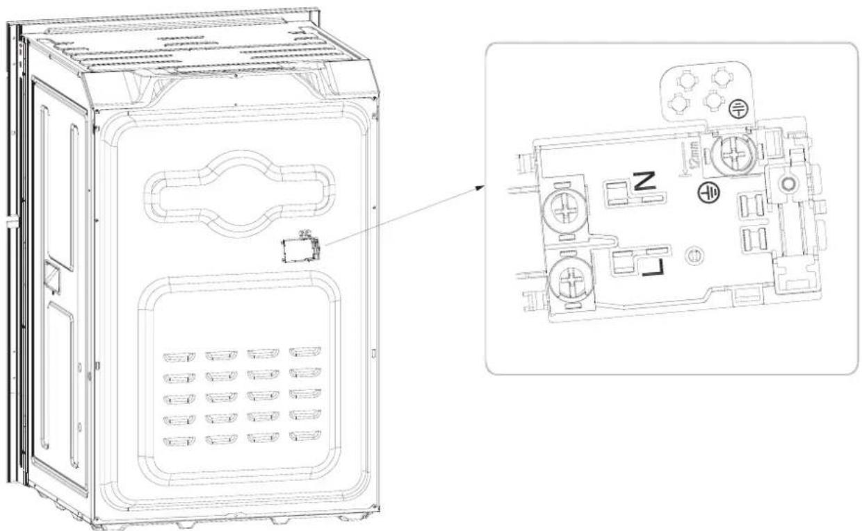 Technical line drawing of a device casing with internal compartments and labeled ports (no text or symbols present)