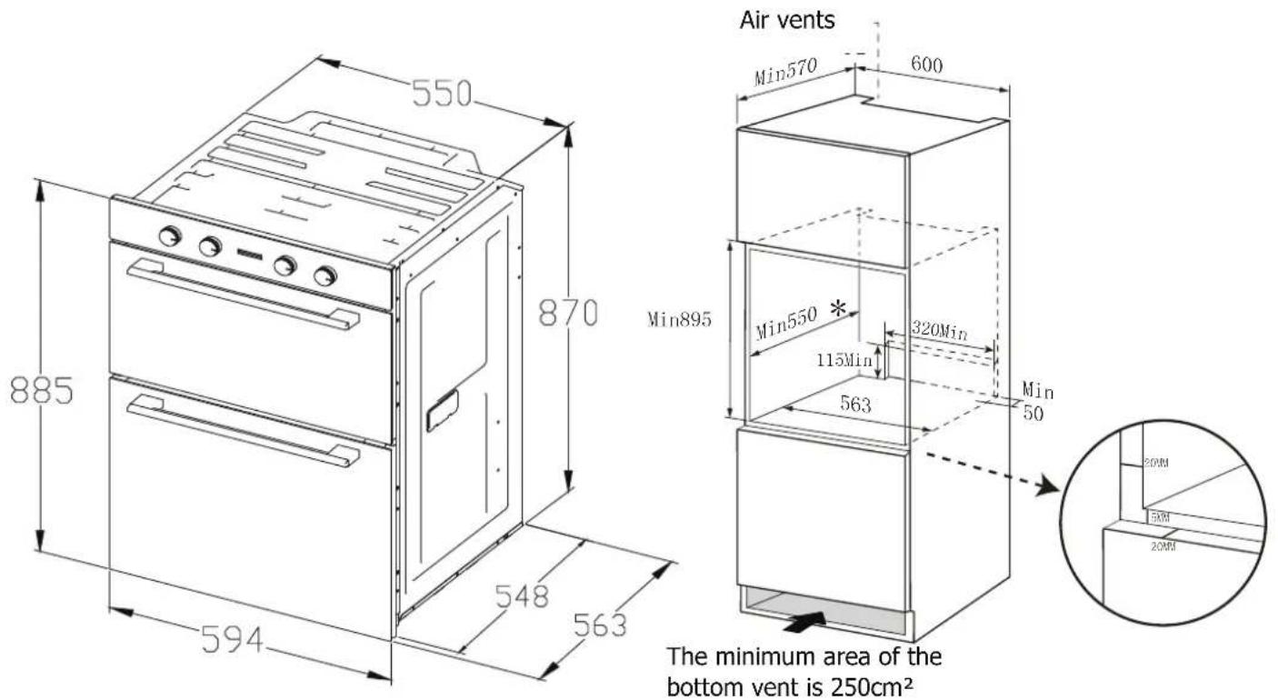 Air vents Min570 600 870 Min895 Min550* 320Min 115Min 563 Min 50 885 548 563 The minimum area of the bottom vent is 250cm²