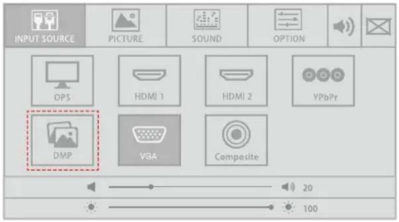 INPUT SOURCE PICTURE SOUND OPTION OPS HDMI 1 HDMI 2 YPbPr DMP VSA Composite 20 100
